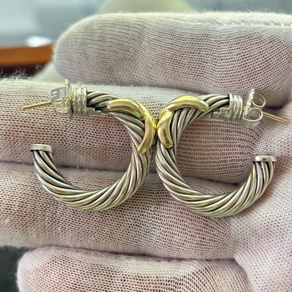 David Yurman 925 & 14k Gold Signature X Hoop Earrings 1" - Picture 2 of 8